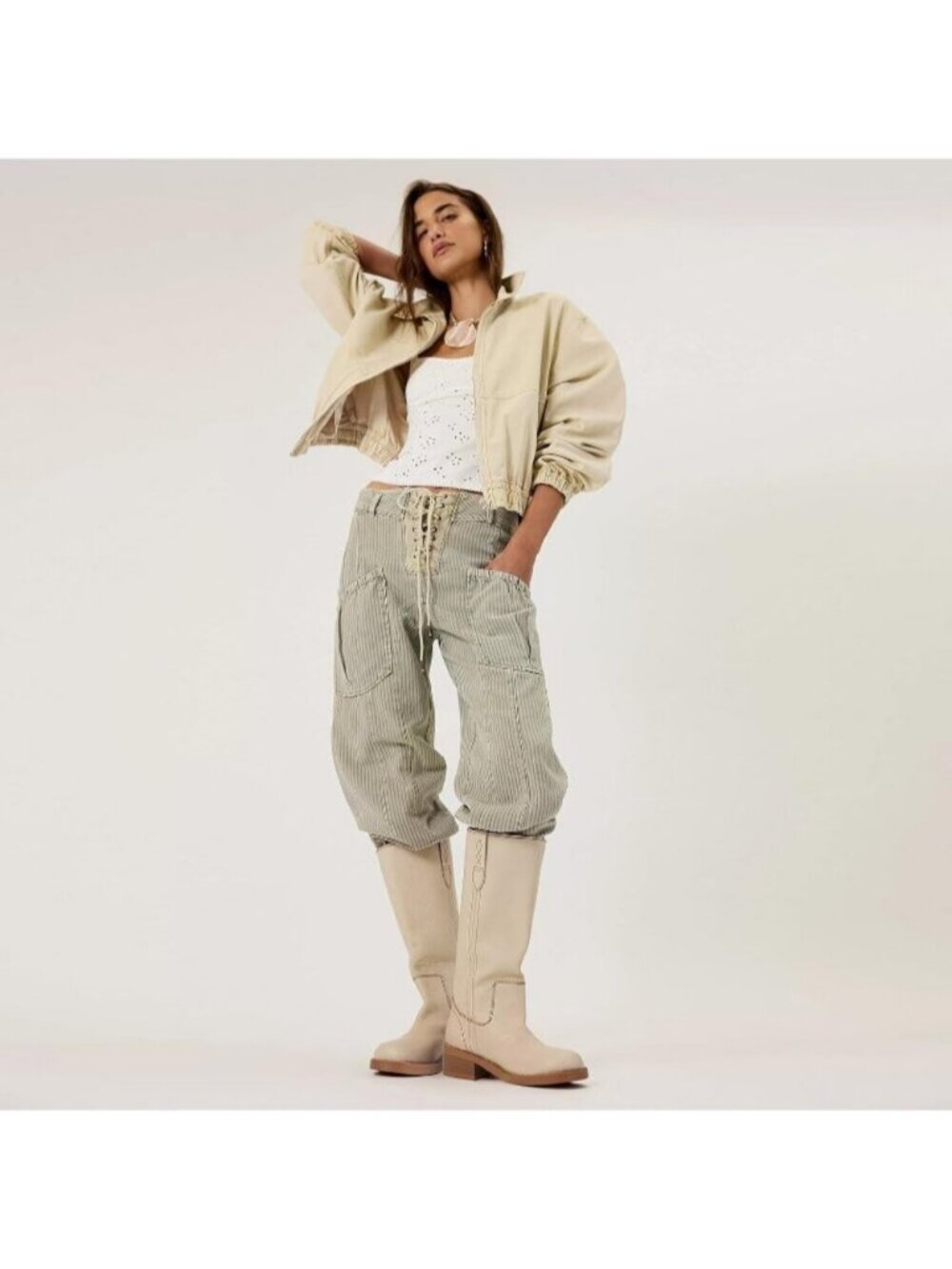Women's Cream Knee High Boots Round Toe Tall Long Boots Vintage Pull On Low Heel - Picture 4 of 6